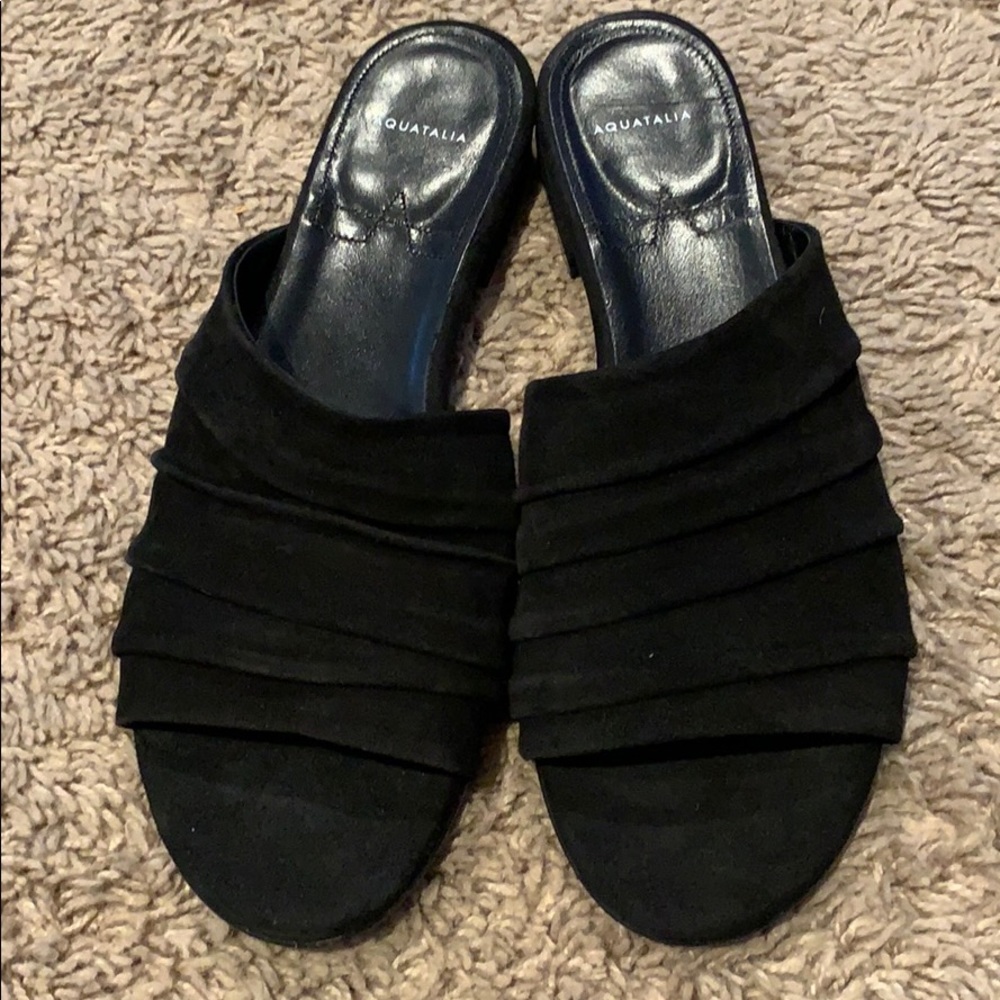 Aquatalia Black Suede Ruched Slide Sandals